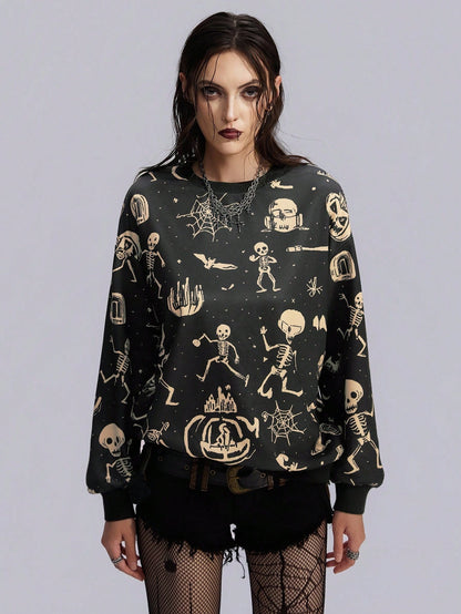 Gothic Skull Pumpkin Print Halloween Sweatshirt
