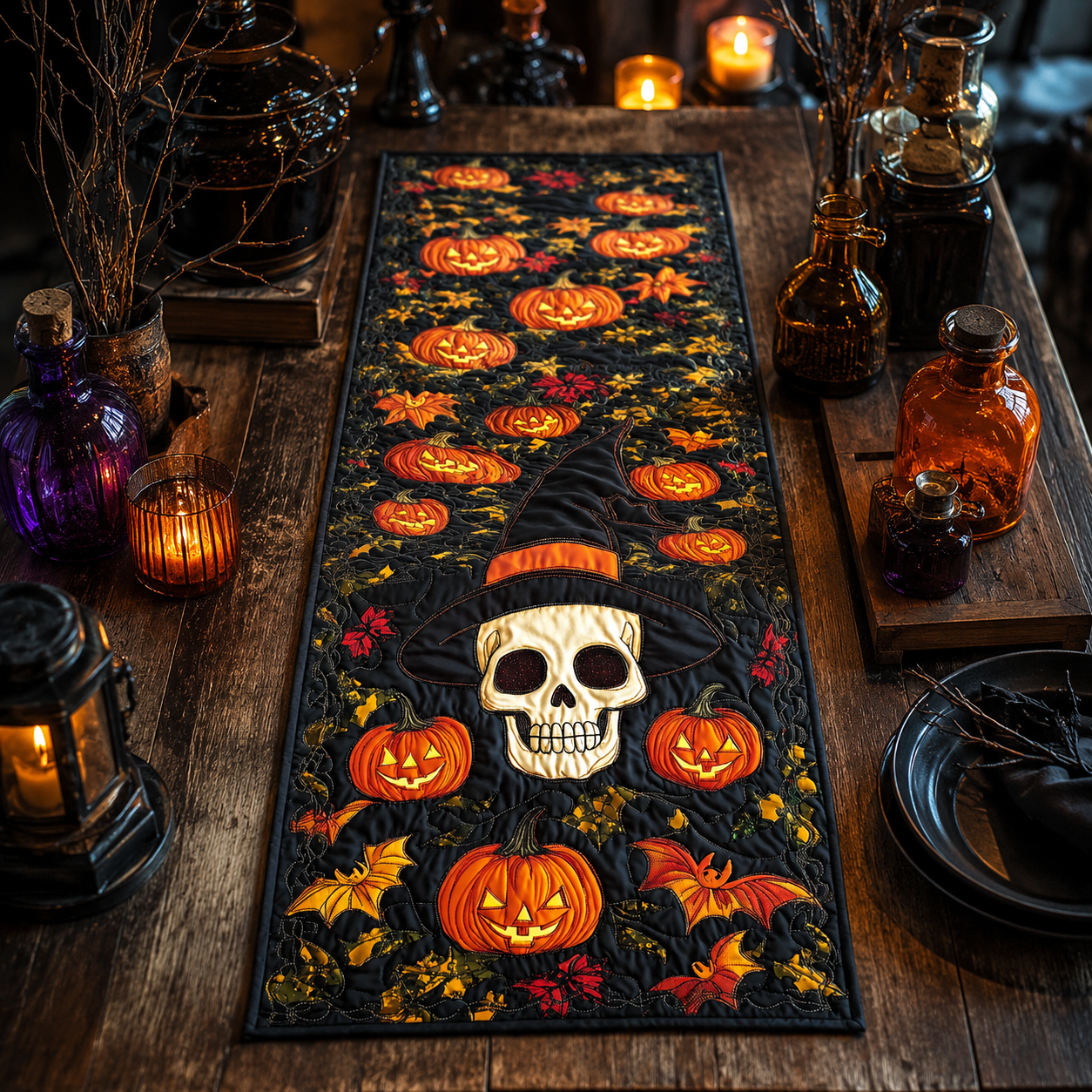 Gothic Skull Witch & Flying Bats Halloween Quilted Table Runner