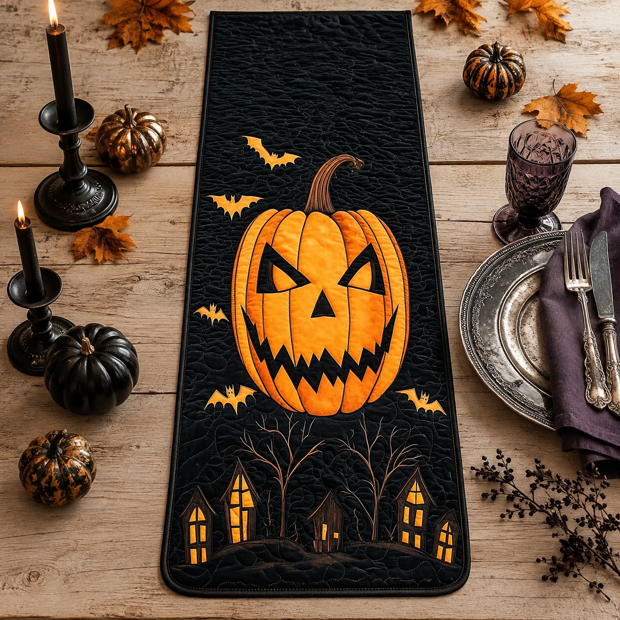 Gothic Spooky Pumpkin Patch Halloween Quilted Table Runner
