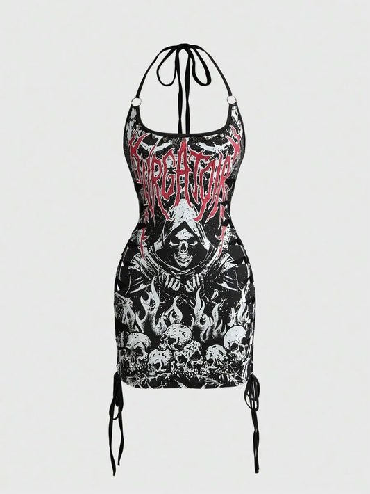 Gothic Tie Dye Skull Print Halter Mini Dress