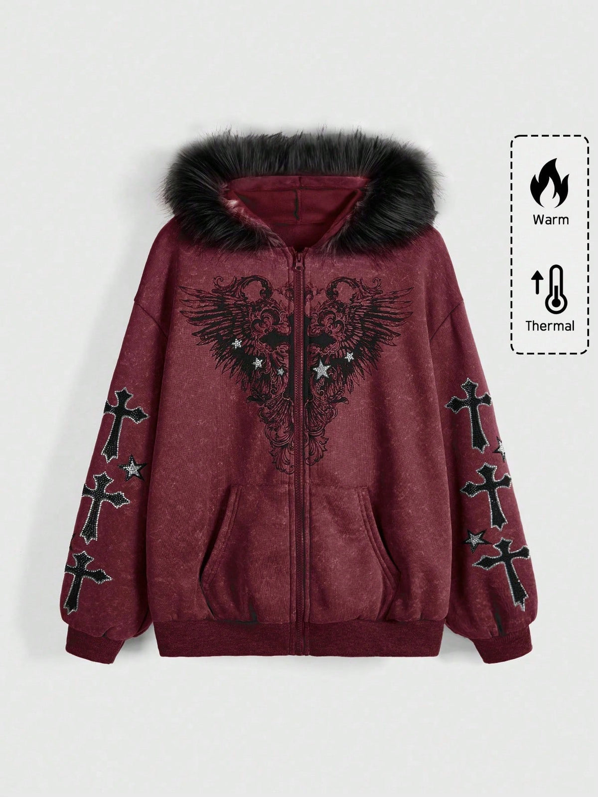 Gothic Winged Cross Faux Fur Hood Zip Up Hoodie