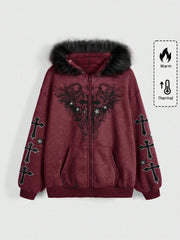 Gothic Winged Cross Faux Fur Hood Zip Up Hoodie