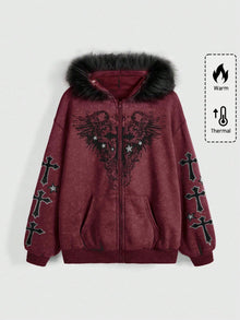 Gothic Winged Cross Faux Fur Hood Zip Up Hoodie