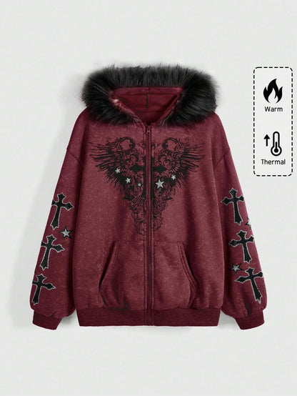 Gothic Winged Cross Faux Fur Hood Zip Up Hoodie