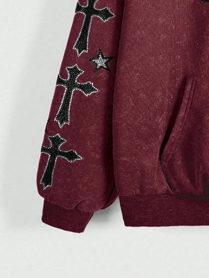 Gothic Winged Cross Faux Fur Hood Zip Up Hoodie