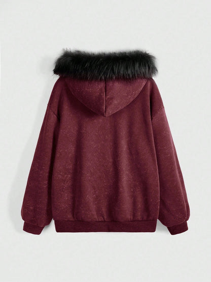 Gothic Winged Cross Faux Fur Hood Zip Up Hoodie