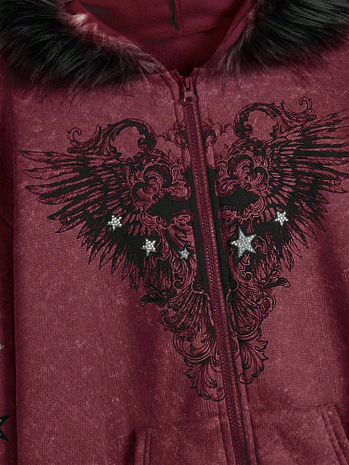 Gothic Winged Cross Faux Fur Hood Zip Up Hoodie