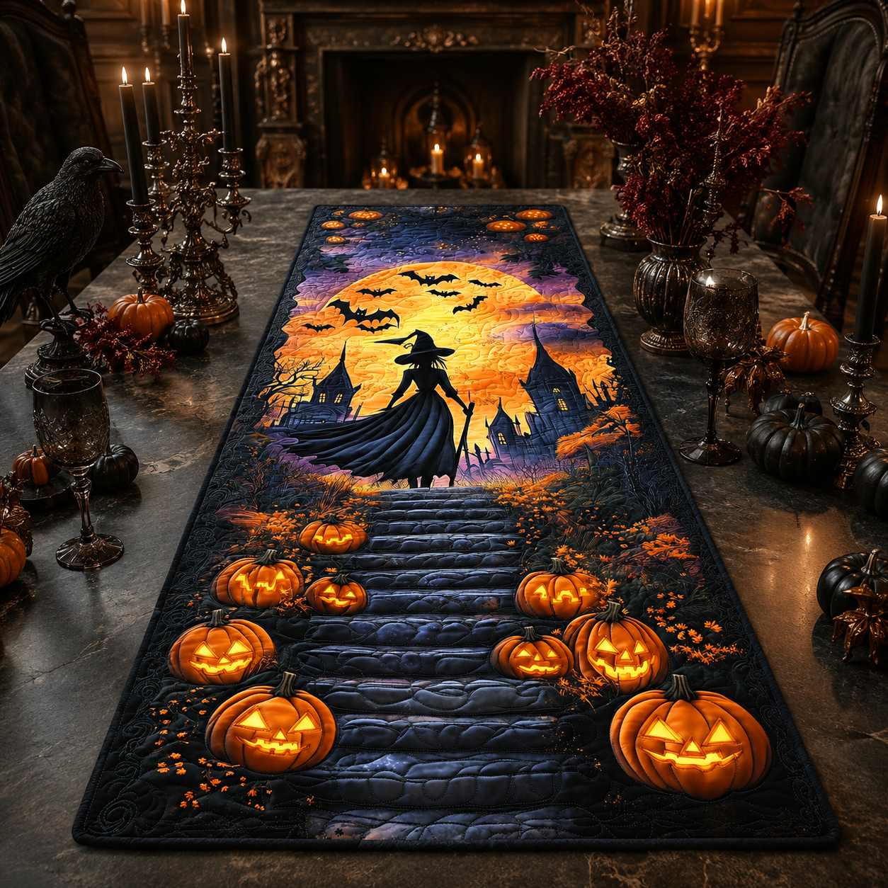 Gothic Witch Castle & Pumpkins Halloween Quilted Table Runner