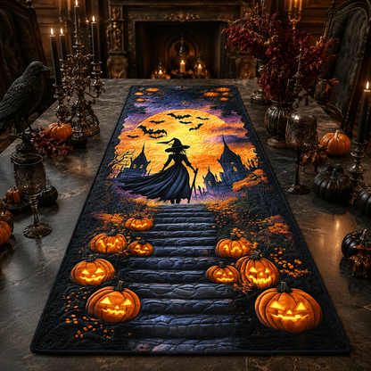 Gothic Witch Castle & Pumpkins Halloween Quilted Table Runner