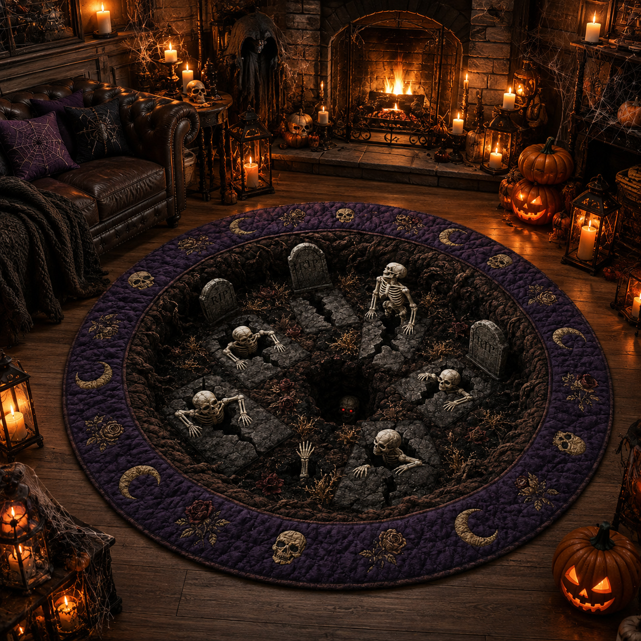 Grave Skeleton Rising Area Rug Halloween Quilt Round Rug
