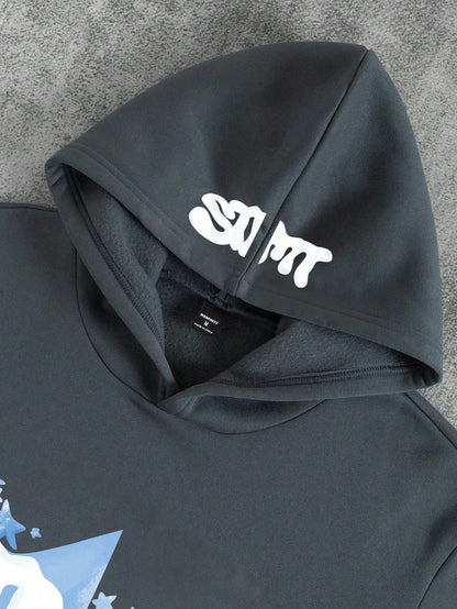 Gray Graphic Hoodie Light Blue Star & SMT Print
