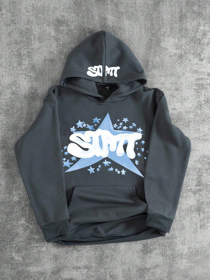 Gray Graphic Hoodie Light Blue Star & SMT Print