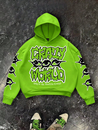 Green Crazy World Graphic Polyester Hoodie