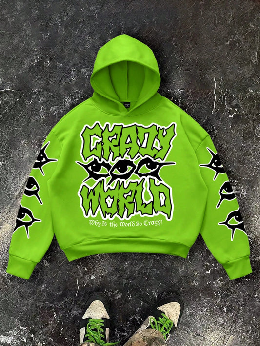 Green Crazy World Graphic Polyester Hoodie