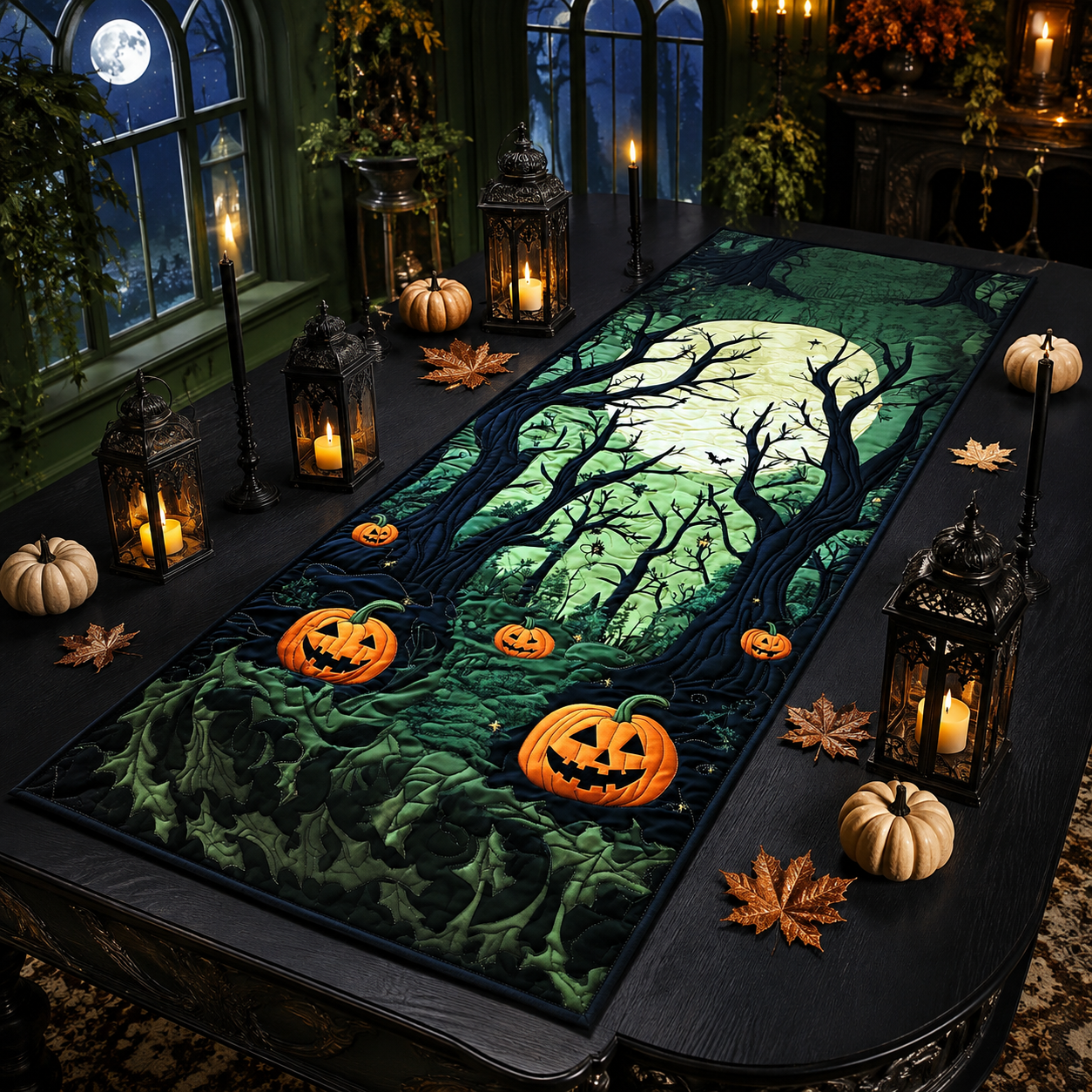 Green Haunted Forest with Pumpkins Halloween Quilted Table Runner