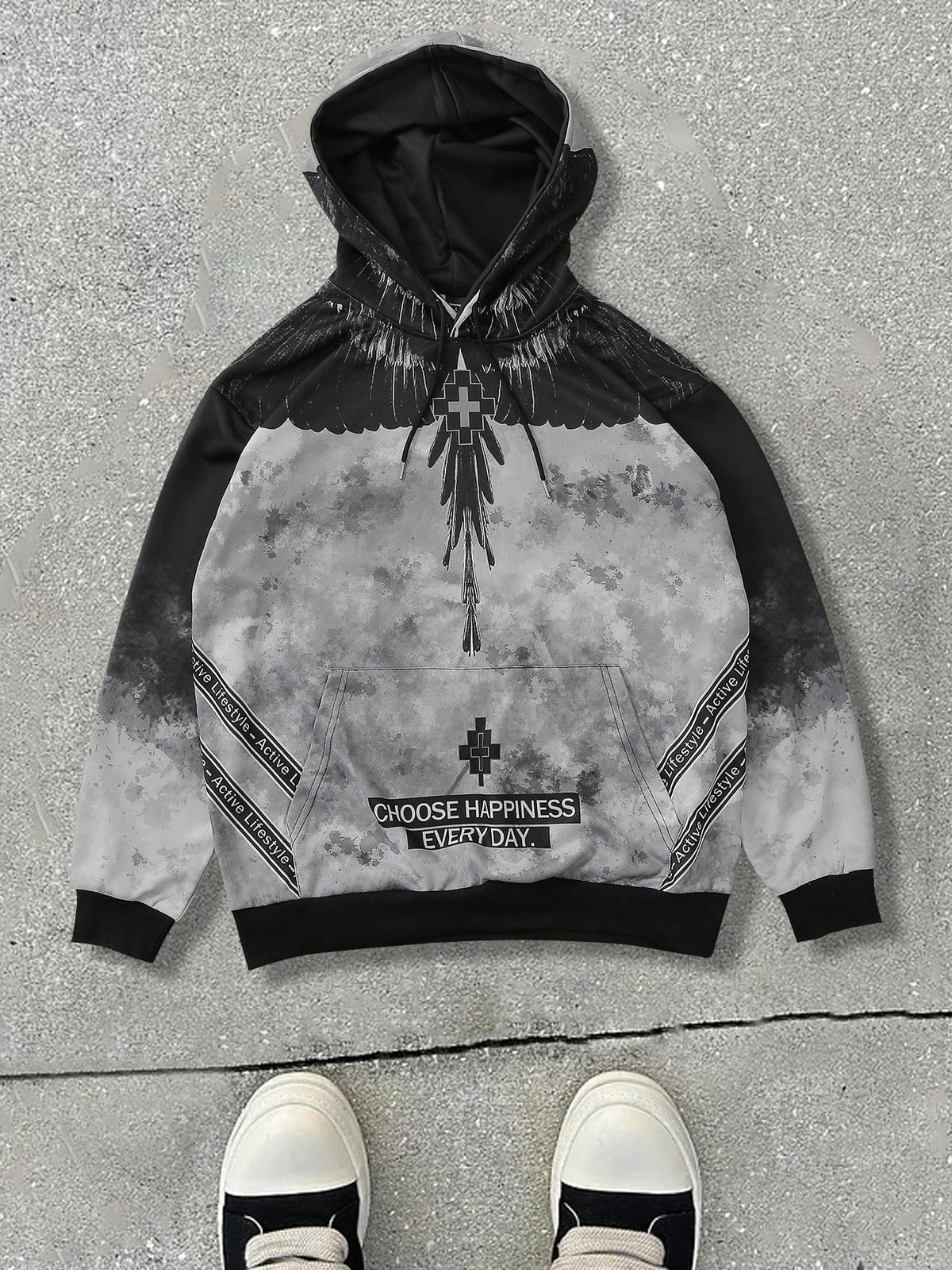 Grey Graphic Wing Cross Oversized Hoodie