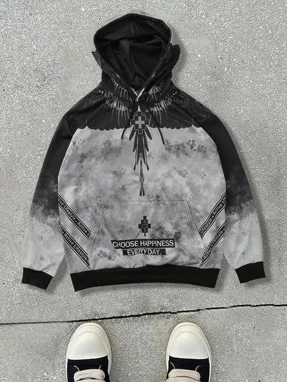 Grey Graphic Wing Cross Oversized Hoodie