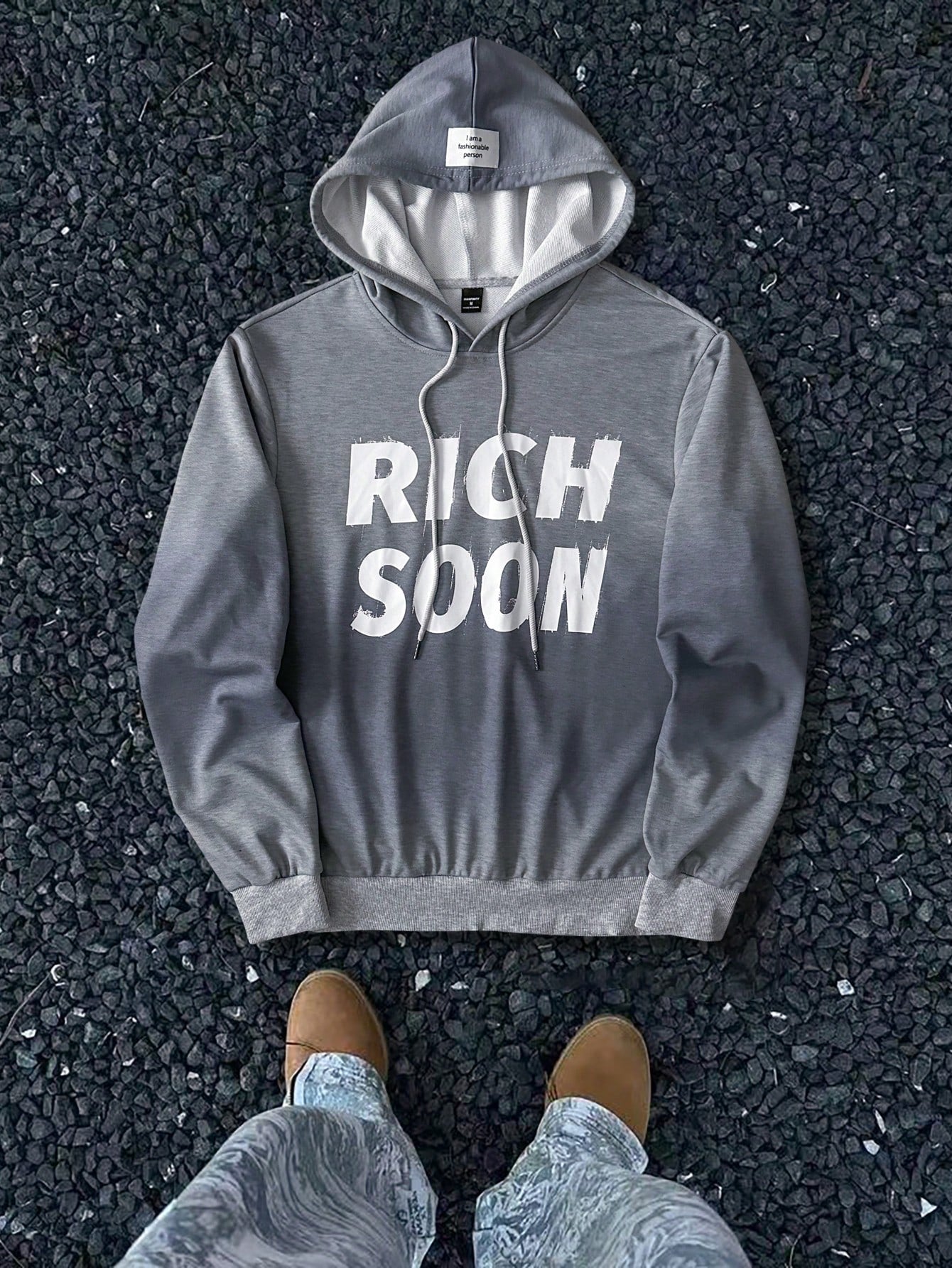 Grey Rich Soon Slogan Polyester Hoodie