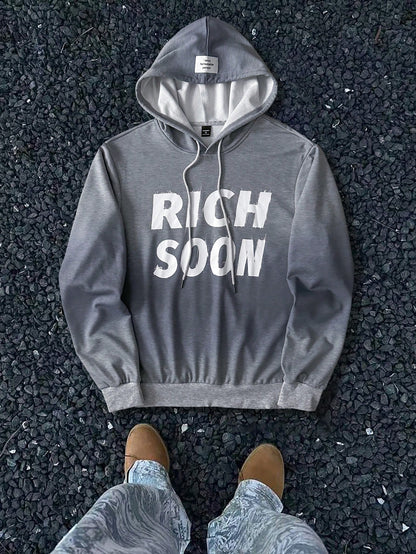 Grey Rich Soon Slogan Polyester Hoodie