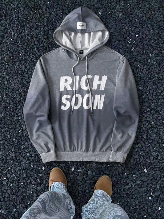 Grey Rich Soon Slogan Polyester Hoodie
