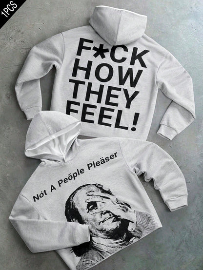 Grey Slogan Graphic Printed Pullover Hoodie