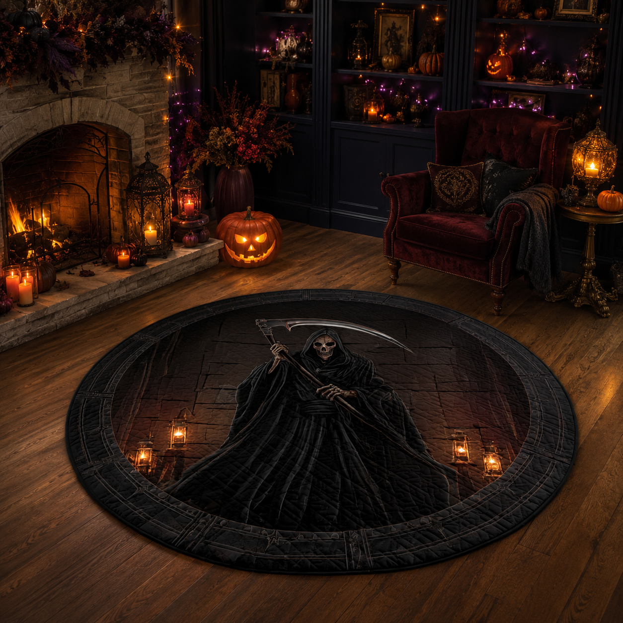 Grim Reaper Holding Scythe Gothic Dungeon Halloween Quilt Round Rug
