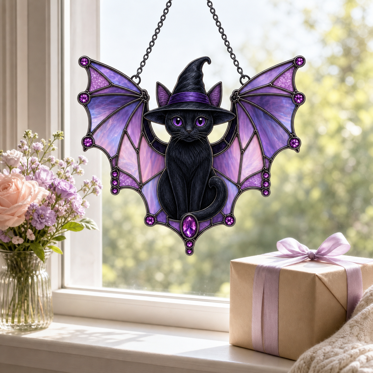 Halloween Acrylic Decor Witch Hat Cat Suncatcher