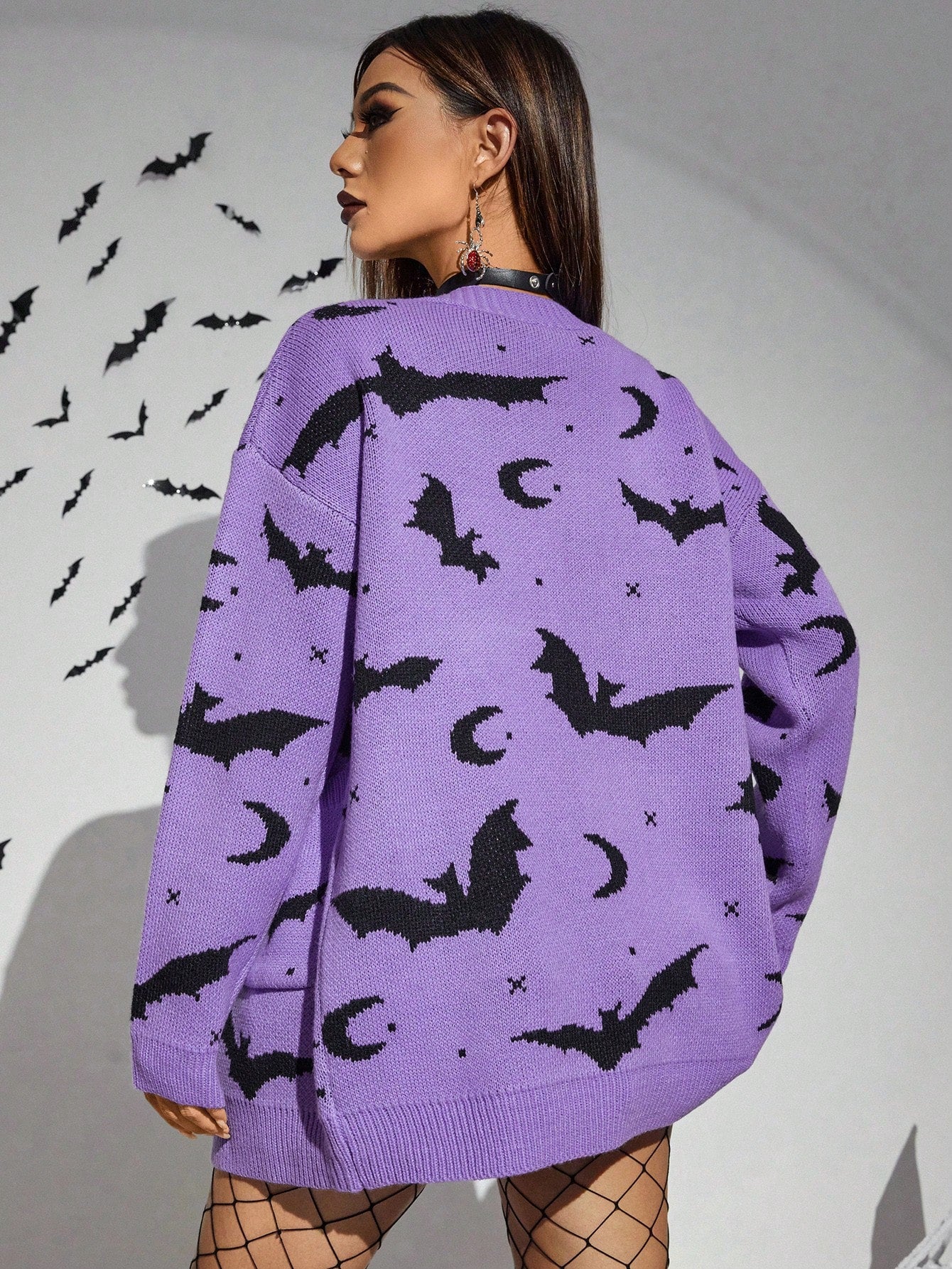 Halloween Bat Pattern Drop Shoulder Knit Cardigan