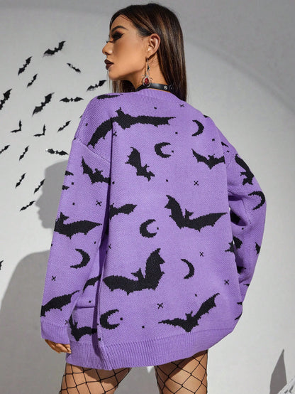 Halloween Bat Pattern Drop Shoulder Knit Cardigan