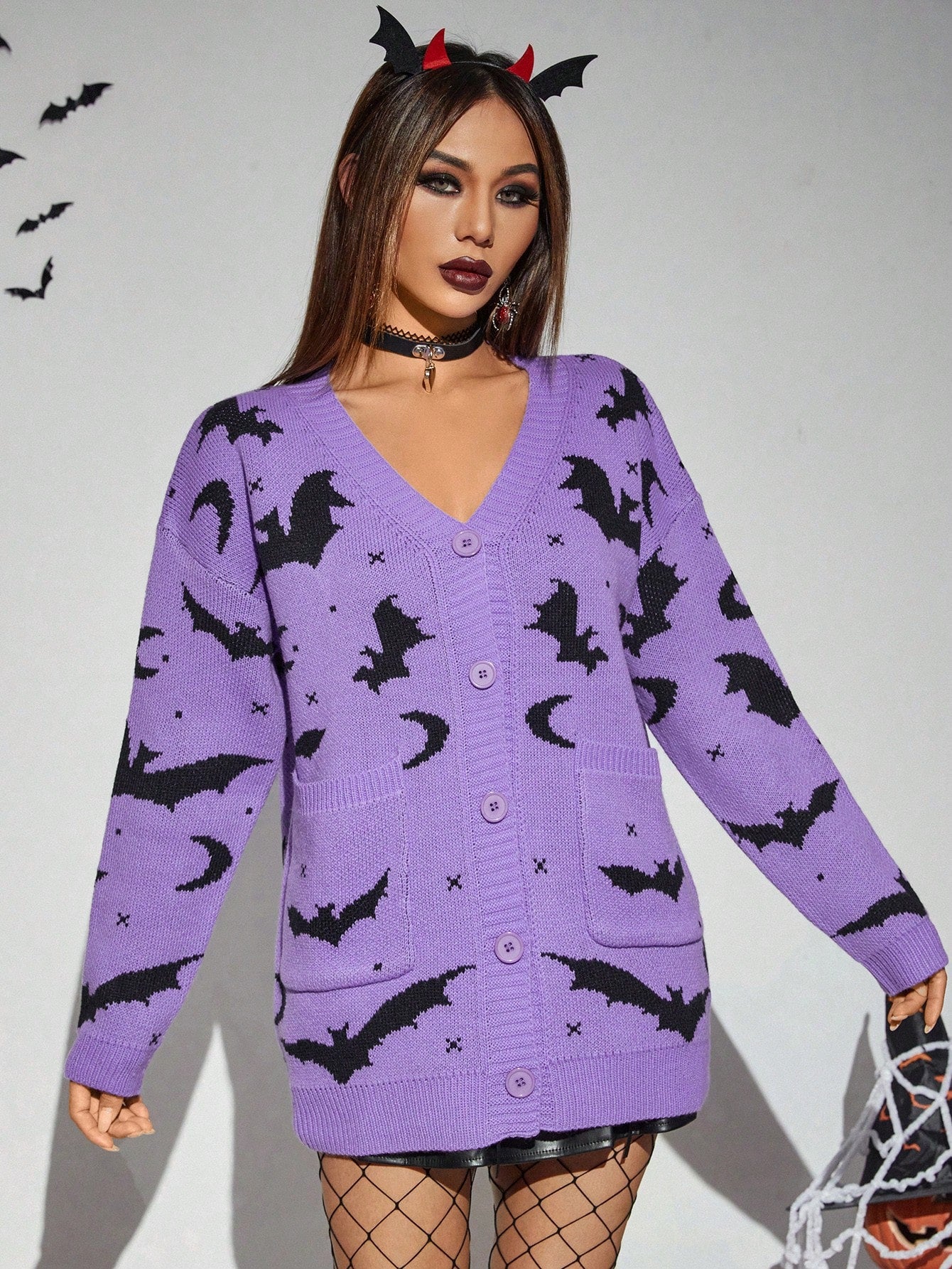 Halloween Bat Pattern Drop Shoulder Knit Cardigan