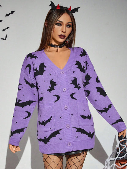 Halloween Bat Pattern Drop Shoulder Knit Cardigan
