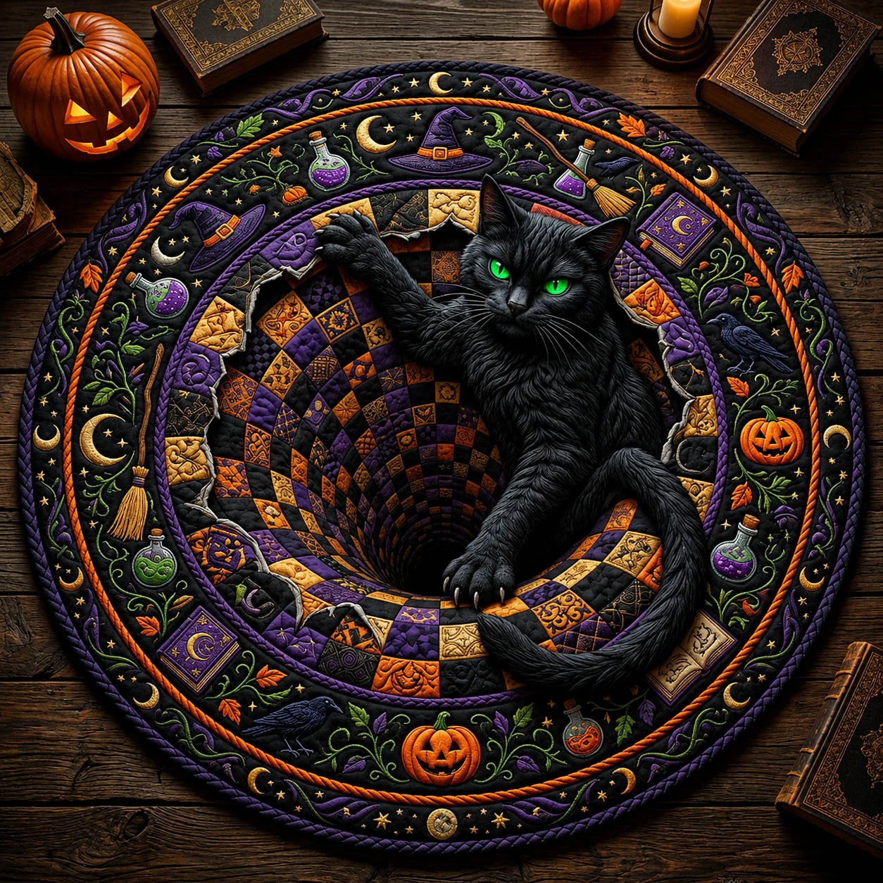 Halloween Black Cat Vortex Round Area Rug
