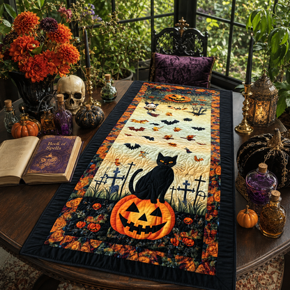 Halloween Black Cat and Graveyard Quilted Table Runner