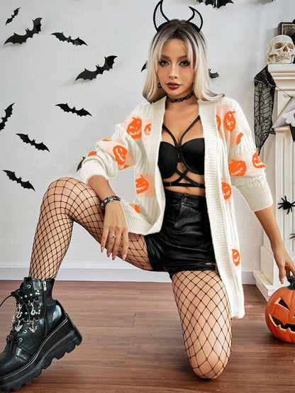 Halloween Casual Pumpkin Pattern Knit Cardigan