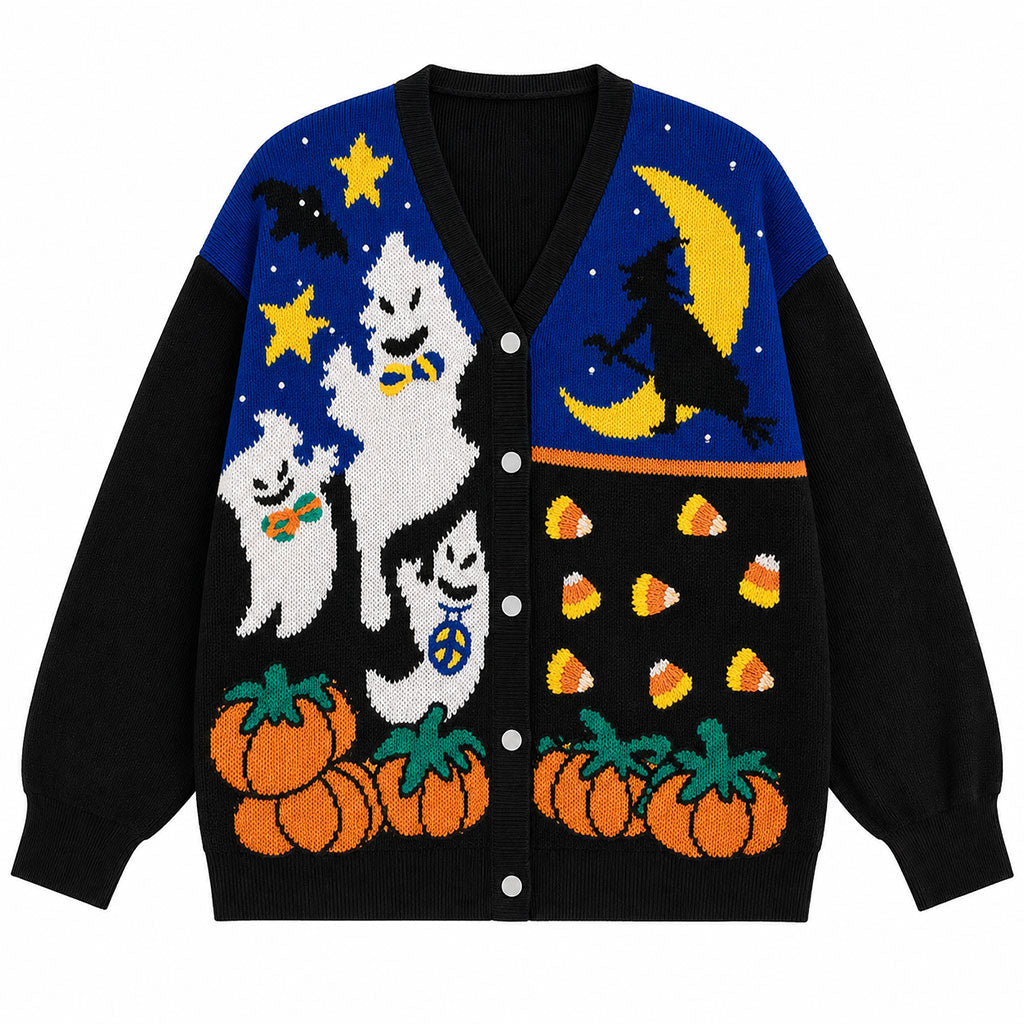 Halloween Ghost Witch Moon Knit Cardigan Sweater