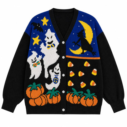 Halloween Ghost Witch Moon Knit Cardigan Sweater
