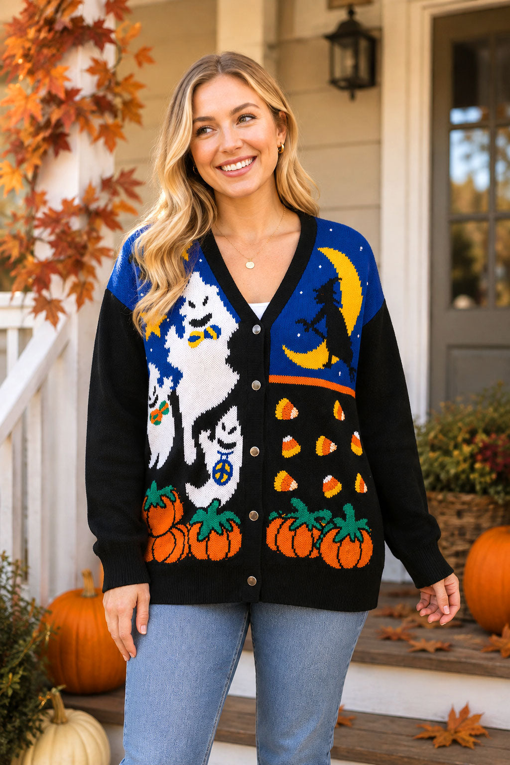 Halloween Ghost Witch Moon Knit Cardigan Sweater