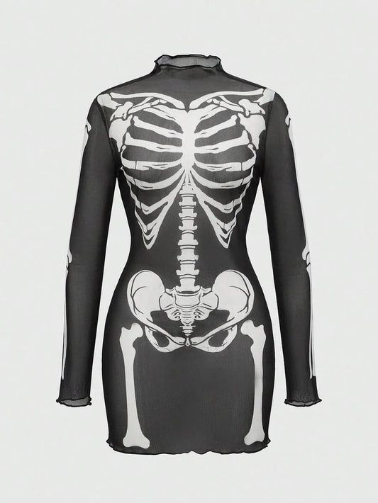 Halloween Gothic Skeleton Flocked Sheer Mini Dress