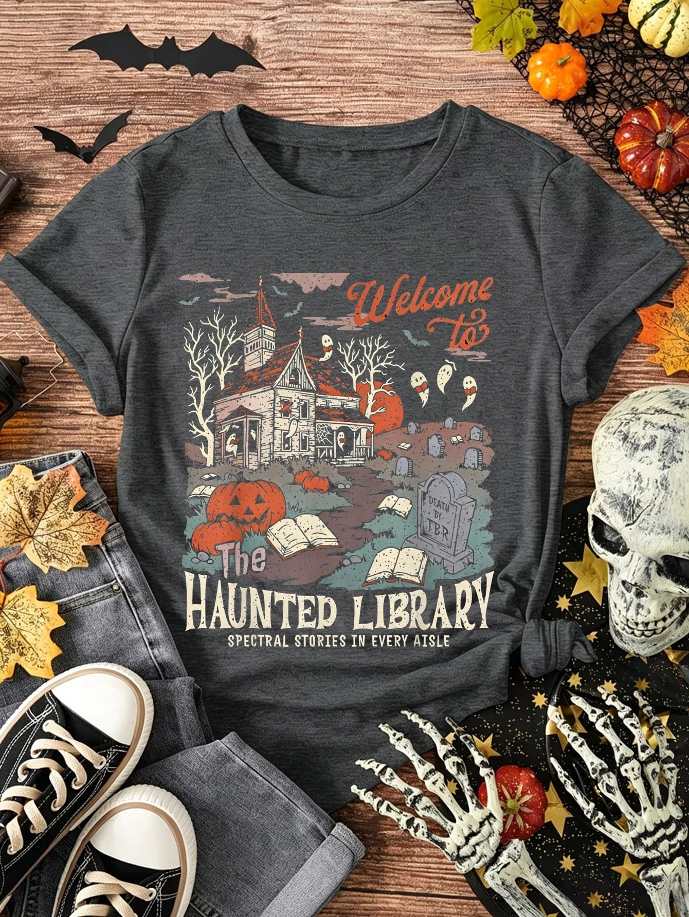 Halloween Haunted Library Graphic Tee