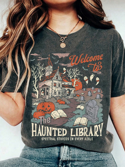 Halloween Haunted Library Graphic Tee