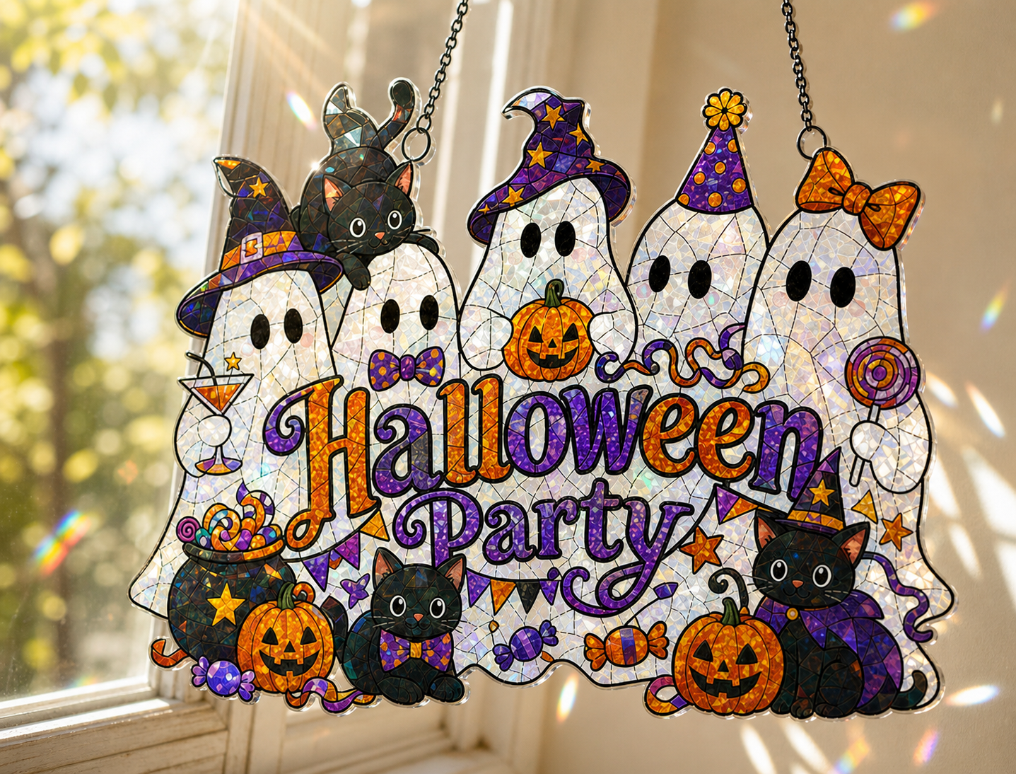 Halloween Party Suncatcher Window Hanging Ghost & Black Cat Acrylic Decor