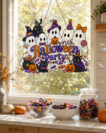 Halloween Party Suncatcher Window Hanging Ghost & Black Cat Acrylic Decor