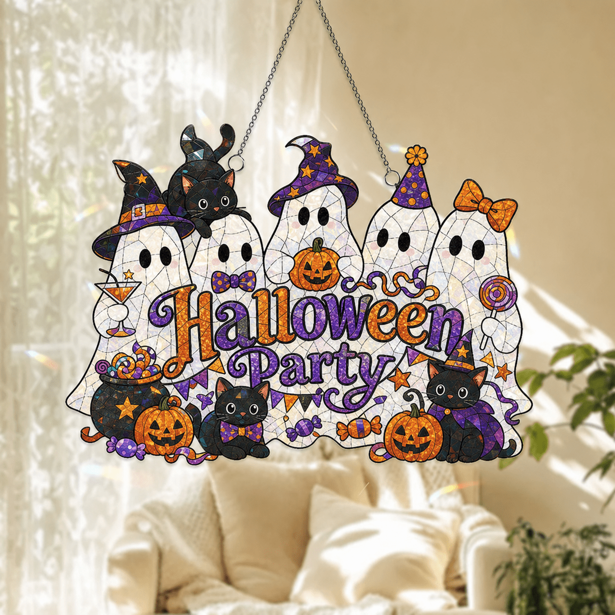 Halloween Party Suncatcher Window Hanging Ghost & Black Cat Acrylic Decor