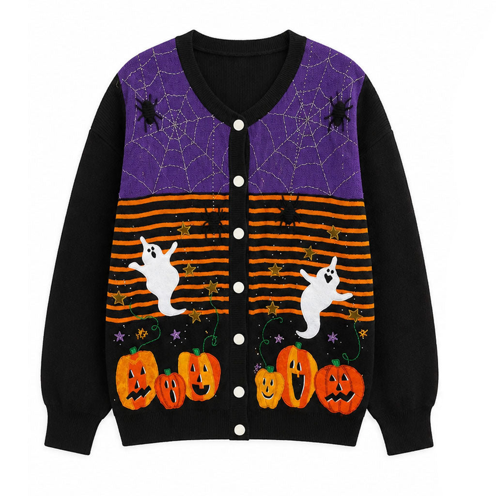 Halloween Spiderweb Ghost Pumpkin Knit Cardigan