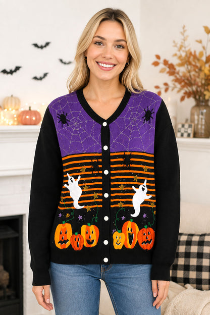 Halloween Spiderweb Ghost Pumpkin Knit Cardigan