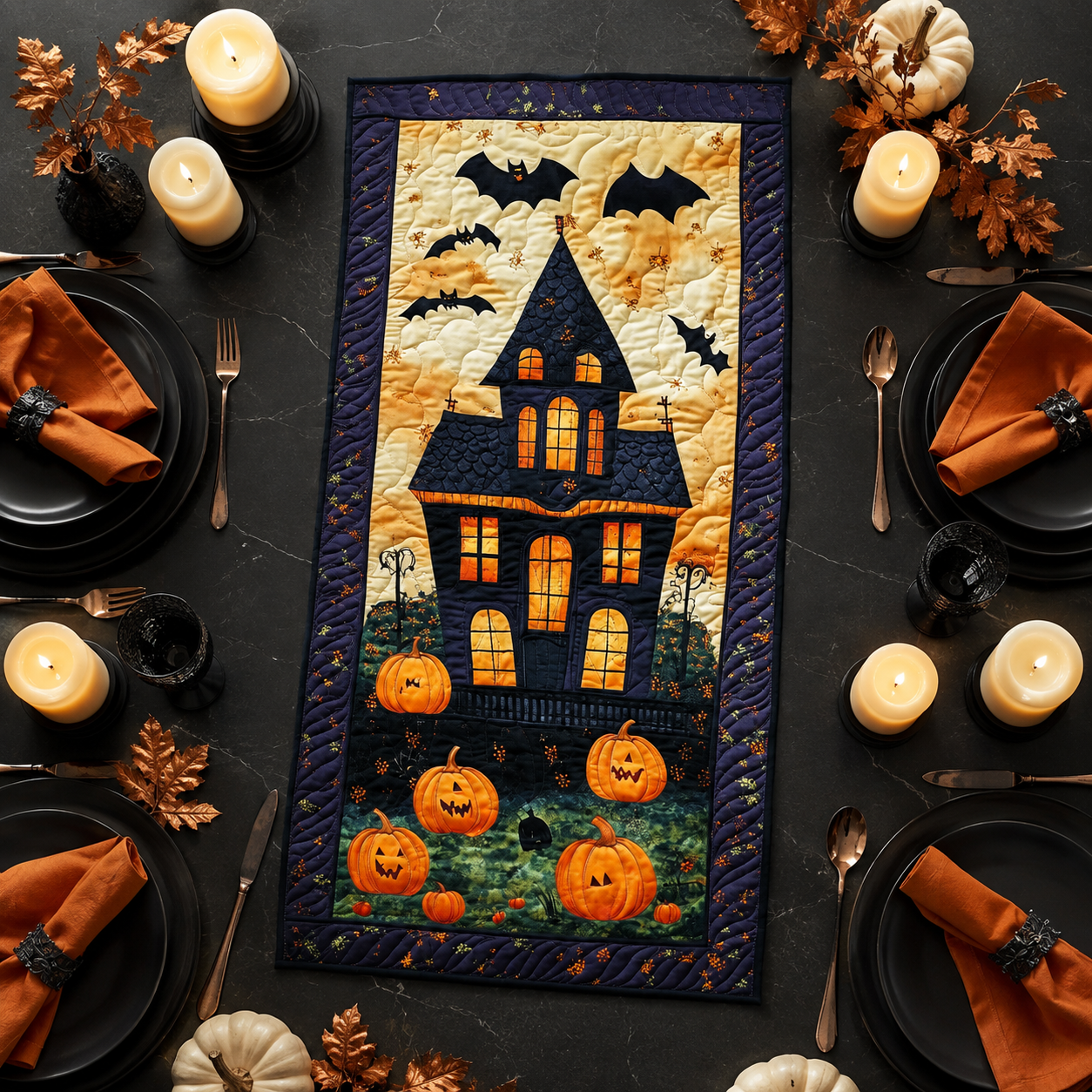Haunted House Haunted & Pumpkins Halloween Quilted Table Runner