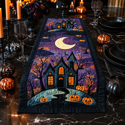 Haunted House & Crescent Moon Halloween Quilted Table Runner