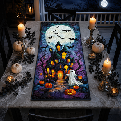 Haunted House & Full Moon Halloween Quilted Table Runner