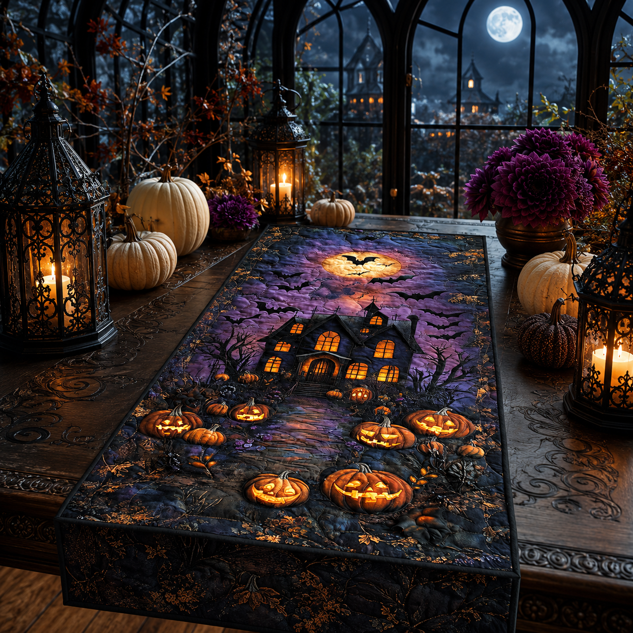 Haunted House & Pumpkin Halloween Quilted Table Runner