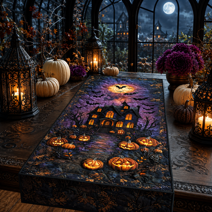 Haunted House & Pumpkin Halloween Quilted Table Runner